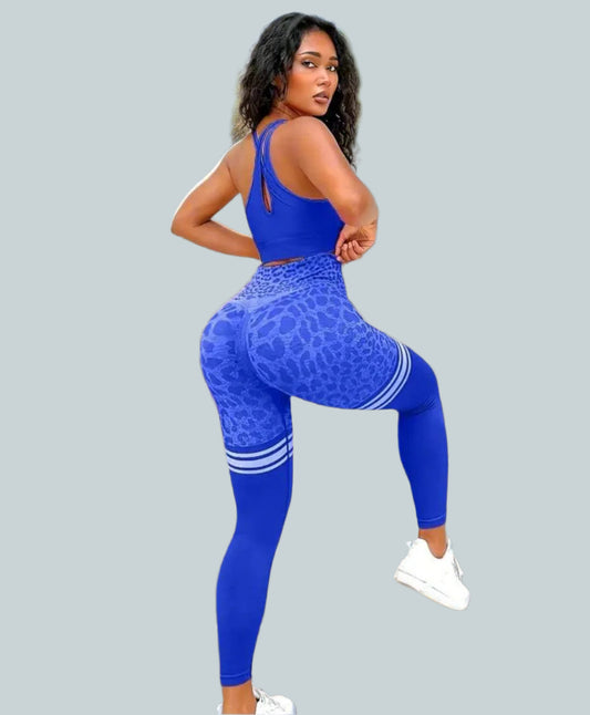 Blue solid color sports bra with animal print leggings - must have activewear for women!