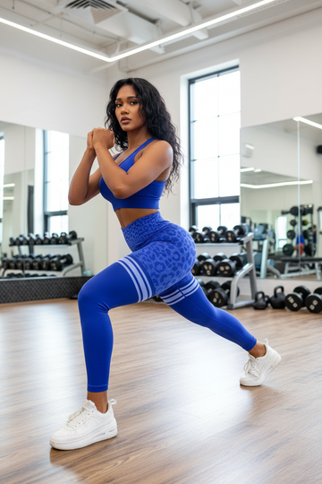 woman wearing a blue leopard print active set, stretching in the gym