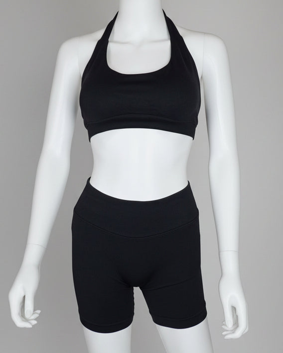 Sculpted Halter Shorts Set in black – women's halter sports bra and high-waist gym shorts by Bodied Bloom