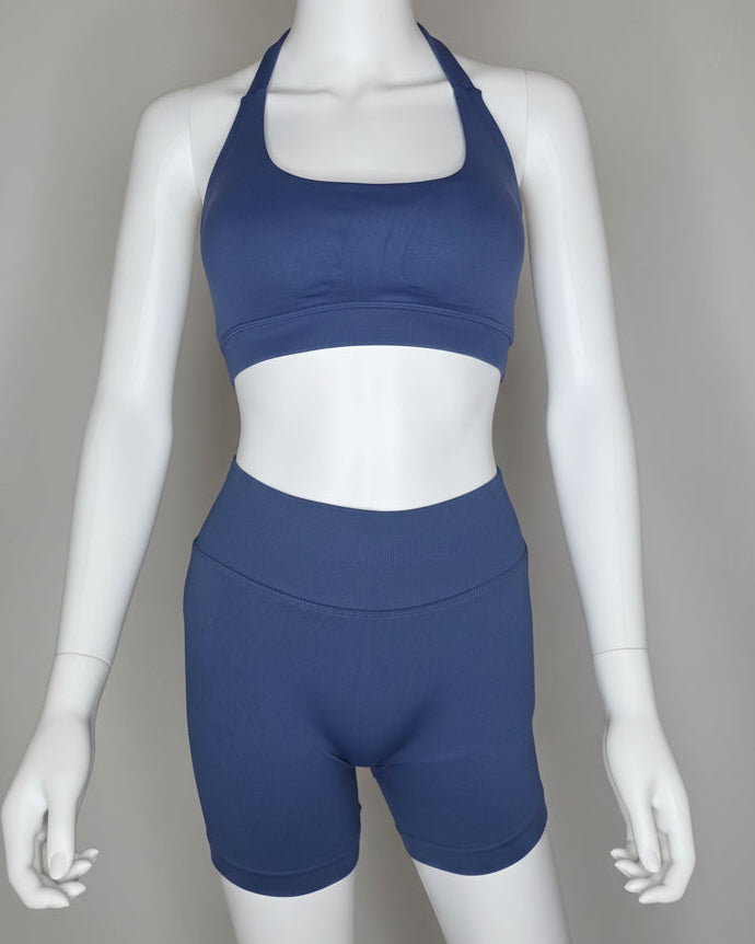 Sculpted Halter Shorts Set in blue – women's matching halter sports bra and high-waist gym shorts by Bodied Bloom