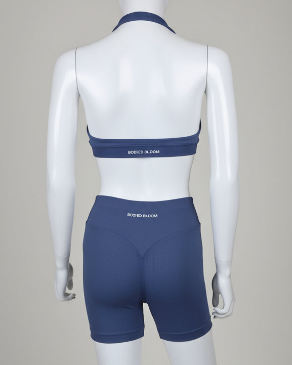 Blue Sculpted Halter Shorts Set side view – 90% nylon BBL gym outfit by Bodied Bloom