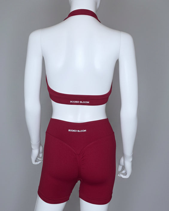 Burgundy Sculpted Halter Shorts Set front view – BBL gym outfit for women by Bodied Bloom