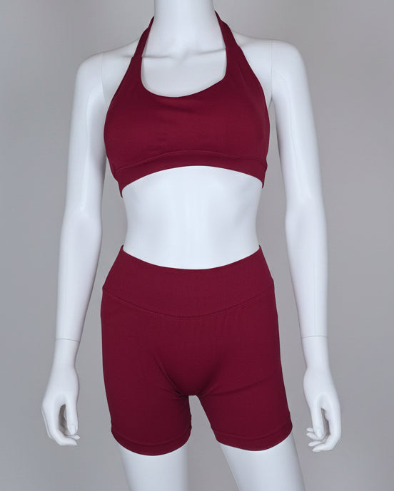 Sculpted Halter Shorts Set in burgundy – women's matching halter bra and high-waist gym shorts by Bodied Bloom