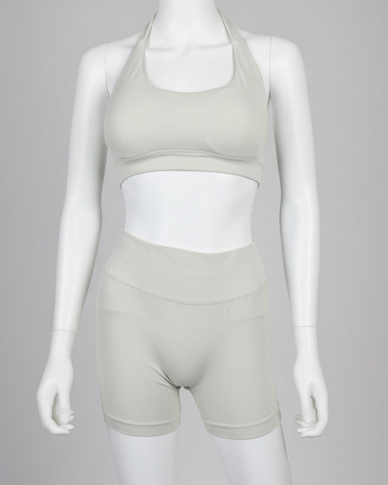 Sculpted Halter Shorts Set in ivory – women's BBL gym shorts and halter sports bra by Bodied Bloom