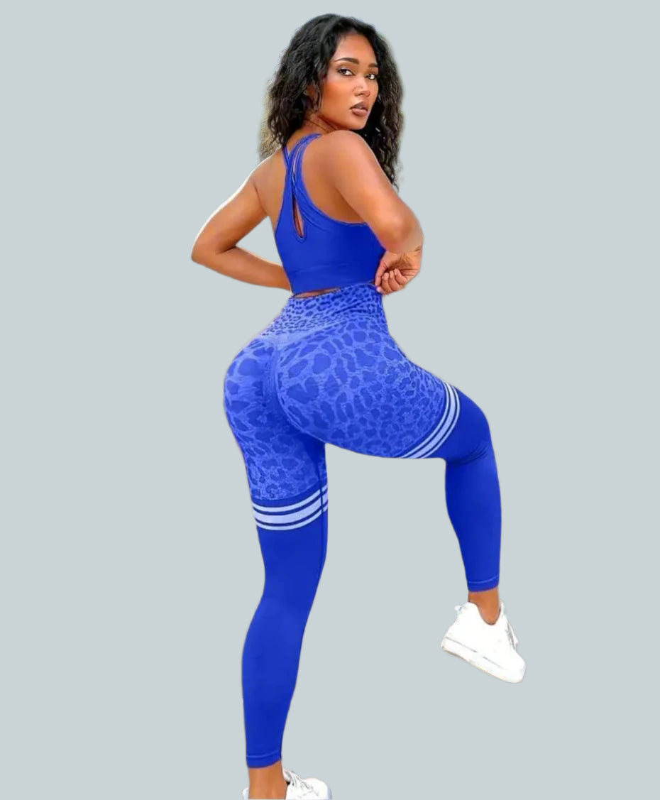 Blue solid color sports bra with animal print leggings - must have activewear for women!