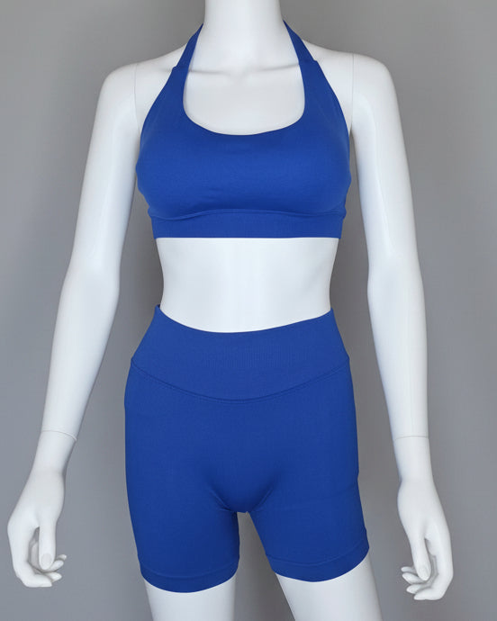 Royal blue Sculpted Halter Shorts Set back view – BBL gym shorts and halter sports bra by Bodied Bloom