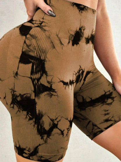 Trendy high waisted tie dye women's gym shorts
